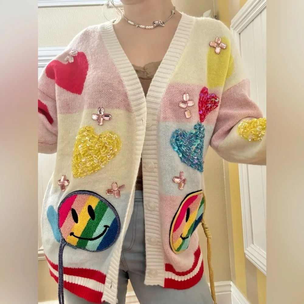 Colorful Smiley Face Cardigan Sweater - Picture 6 of 6